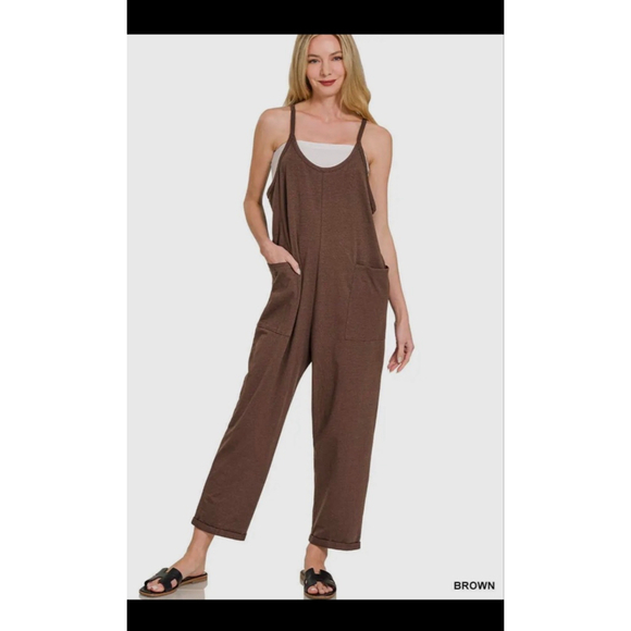 Zenana Mocha Soft Knit Pocket Jumpsuit Relaxed Fit Small Medium - Picture 2 of 2